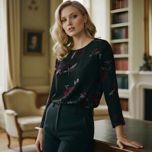 Maurices Black Floral Blouse | Red & Grey Botanical Print | Workwear | Size S